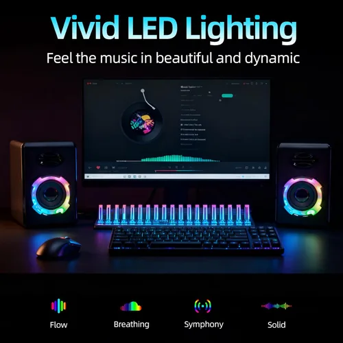 Vista 3 de Altavoces RGB para computadora de juegos, Bluetooth 5.0 barra de sonido de PC alimentada por USB con iluminación dinámica, audio estéreo