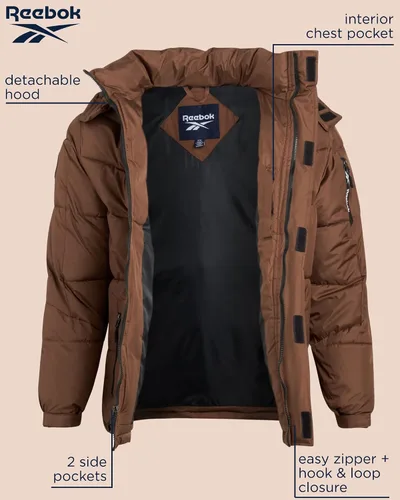 Vista 2 de Reebok Chaqueta de invierno para hombre, resistente al agua, acolchada, con capucha (S-XL)