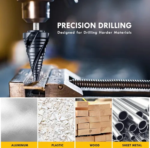 Vista 6 de Broca de cuatro Sprial Flauta M35 de cobalto, 1/4"-1-1/8" Ultra TiAIN recubierta Unibit broca, broca de vástago hexagonal de 1/4" para metal, acero