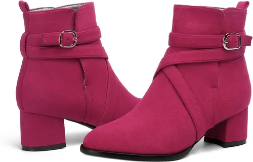 Vista 6 de Botas altas de ante con hebilla para mujer, estilo casual, punta redonda, tacón bajo y grueso, 2 pulgadas