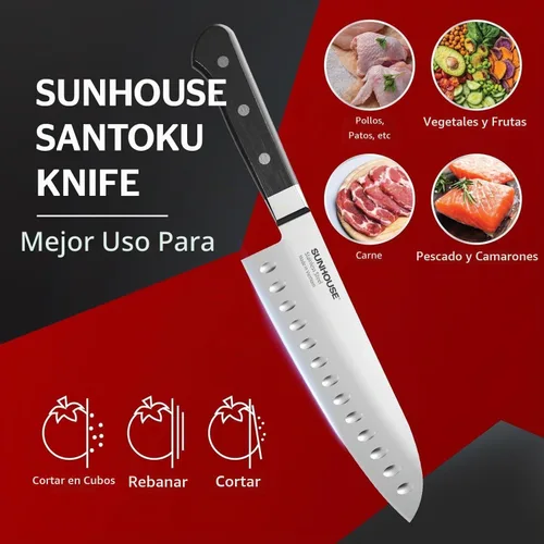 Vista 7 de Cuchillo Santoku Sunhouse de 7 pulgadas, acero inoxidable AUS-8 – Dureza superior de 59HRC, espiga completa, mango ergonómico, regalos perfectos