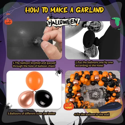 Vista 3 de Kit de arco de globos de Halloween, globos de Halloween 2024, guirnalda de globos de color naranja, oro rosa, negro, con araña, murciélago