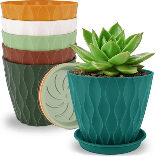 Vista 8 de YNNICO Macetas de 8 pulgadas, paquete de 6 macetas de plástico con drenaje Macetas de plástico ligeras y multicolor para jardín para plantas