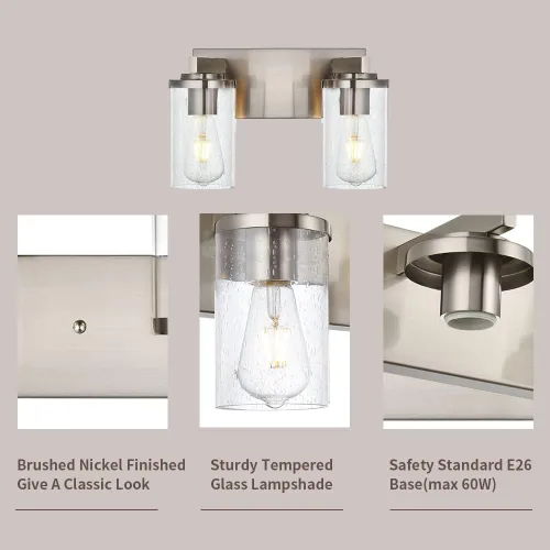 Vista 9 de BONLICHT Lámpara de pared de níquel cepillado de 2 luces con pantalla de cristal transparente, luces industriales de baño para interiores sobre