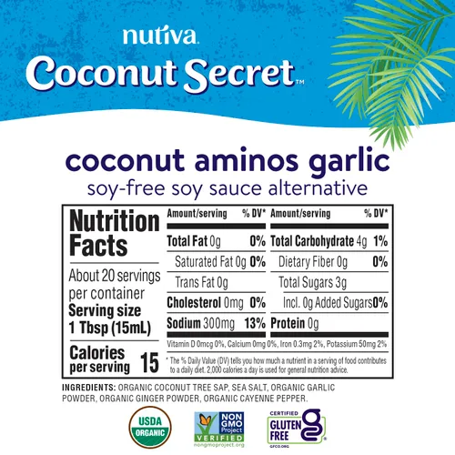 Vista 2 de Aminos de coco, salsa de ajo Coconut secret, 10 onzas líquidas, secreto de coco, aminos de coco, salsa de ajo, 10 onzas líquidas