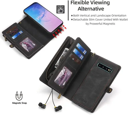 Vista 4 de Asuwish Funda de teléfono para Samsung Galaxy S10 con cremallera, funda desmontable con protector de pantalla de vidrio templado y tarjetero