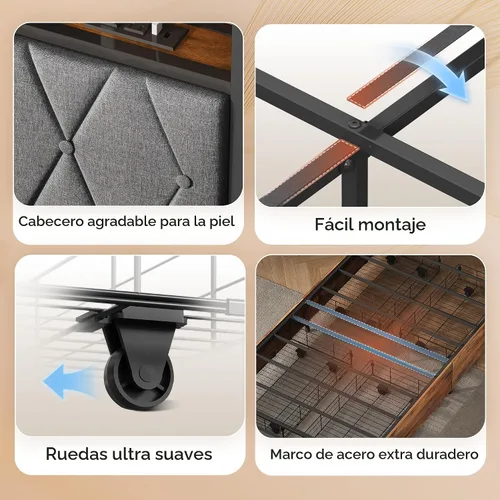 Vista 6 de WLIVE Base de cama individual con 4 cajones de almacenamiento, marco de cama tapizado con cabecero, cama de plataforma con luces LED y estación