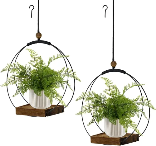 Vista 16 de Maceta colgante para plantas de interior, colgador de plantas negro para interiores con base de madera resistente, colgador de plantas de macramé