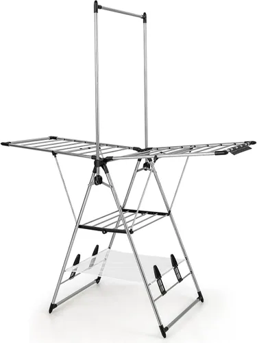 Vista 9 de Giantex Estante de secado de ropa, estante de secado de ropa plegable con altura ajustable de 6 niveles, diseño de colgador alto, clips laterales