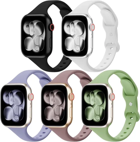 Vista 16 de Paquete de 5 bandas de silicona delgadas compatibles con Apple Watch de 38mm 42mm 40mm 44mm 41mm 45mm 46mm 49mm, correa deportiva estrecha y delgada