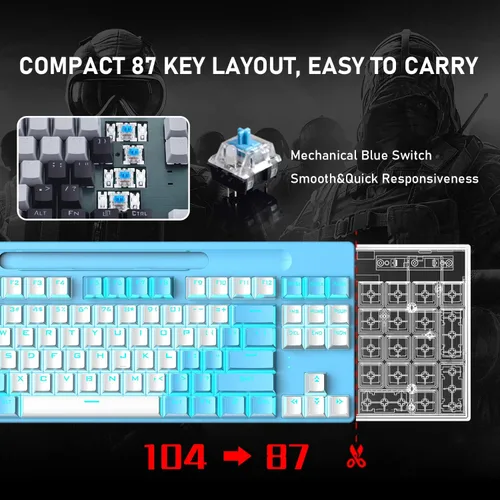 Vista 5 de Teclado mecánico Bluetooth para juegos con retroiluminación múltiple de 87 teclas, antirfantasma, ergonómico, con cableinalámbrico, receptor USB