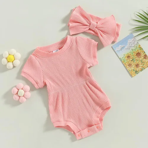 Vista 81 de Traje de verano para niña pequeña, de manga corta, acanalado, overol liso, pantalones cortos, ropa para recién nacidos