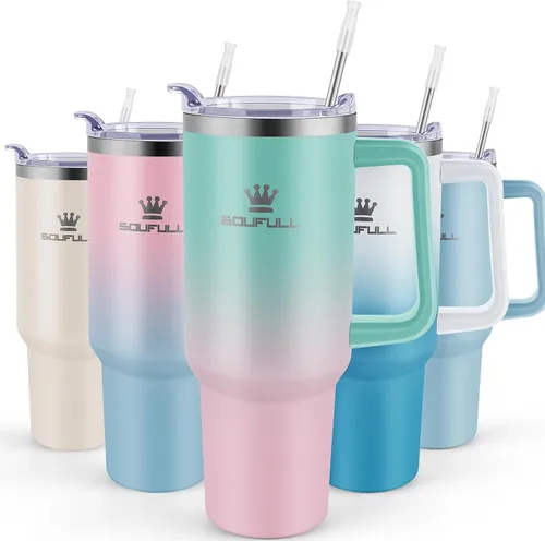 Vista 16 de Vaso de 40 onzas con asa y tapa con popote, taza de café de viaje 100% a prueba de fugas, taza aislada de acero inoxidable para bebidas frías