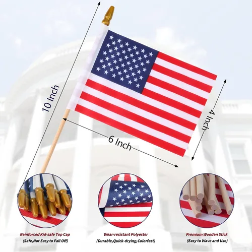 Vista 3 de HOOSUN 50 banderas americanas pequeñas en palo, decoraciones del 4 de julio, bandera de Estados Unidos pequeña en palo, mini banderas