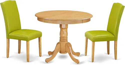 Vista 16 de East West Furniture ANEN3-LWH-06 - Juego de mesa de cocina de 3 piezas contiene una mesa de comedor redonda con pedestal y 2 sillas de comedor