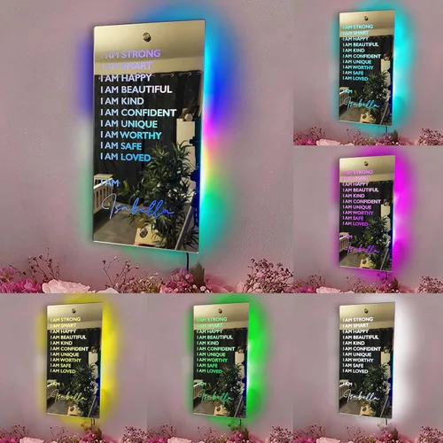 Vista 2 de Espejo iluminado de Afirmaciones personalizadas, luz nocturna de texto personalizado, letreros de neón para dormitorio, sala de estar, decoración