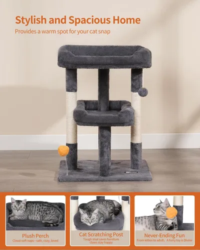 Vista 7 de FourFurPets Árbol para gatos de 27.6 pulgadas, torre para gatos de interior, condominio para gatos grandes, árbol pequeño para gatos con poste