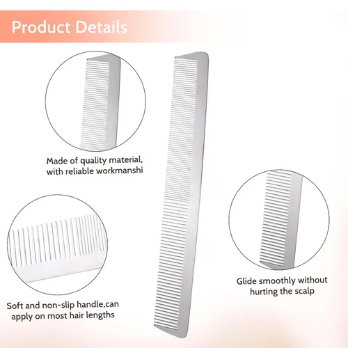 Vista 3 de Peine de metal de acero inoxidable con dientes finos para el cabello, antiestático, parte superior plana, peine de peluquero para peinar el cabello