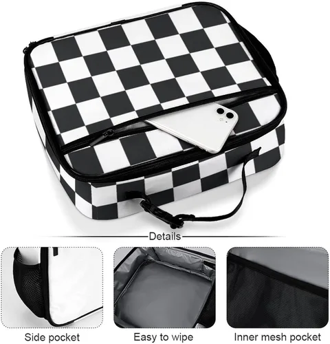 Vista 5 de Lonchera reutilizable con diseño a cuadros y negro y blanco con aislamiento, bolsa de almuerzo para comida y comida, bolsa de mano para mujeres