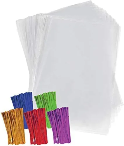 Vista 5 de Bolsas de celofán de plástico transparente de Purple Q Crafts con lazos de torsión de 4 pulgadas, coloreados para regalo o uso en fiestas