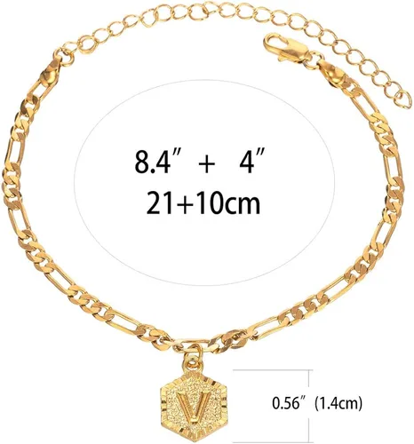 Vista 2 de Tobilleras con iniciales unisex, pulsera de eslabones cubanos chapadas en plata y oro de 18 quilates para mujeres y niñas, tobillera dorada