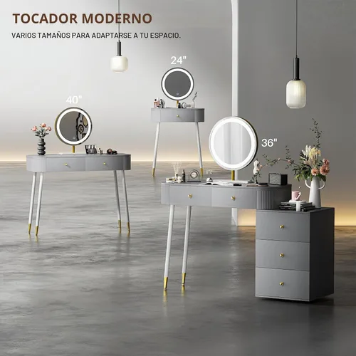 Vista 8 de WinZo Mesa de tocador de 24" con espejo y luces, pequeña mesa de tocador de maquillaje con 1 cajón de almacenamiento, elegante mesa de tocador