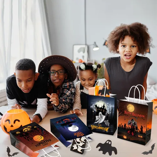 Vista 5 de BLEWINDZ 24 bolsas de regalo de papel de Halloween con pañuelos, bolsas de golosinas de Halloween con asa para truco o trato y recuerdos de fiesta