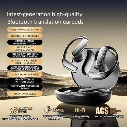 Vista 9 de Auriculares de traductor AI 4 en 1, audio de alta fidelidad, diseño de oreja abierta, 164 idiomas Latest AI Bluetooth Translation Earbuds,No Negro