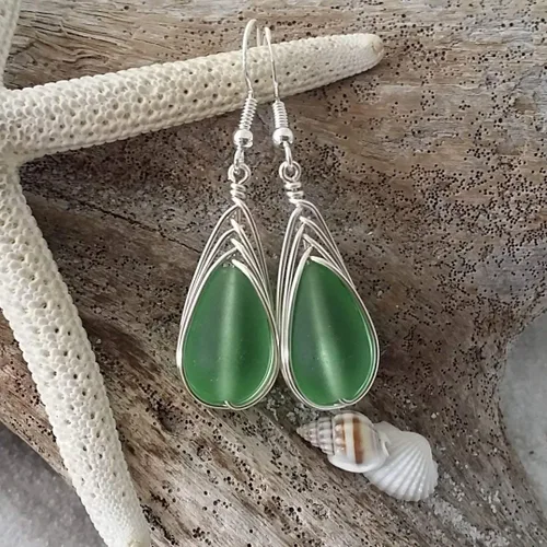 Vista 34 de Yinahawaii Handmade Sea Glass Earrings, Hawaiian Jewelry, Wire Braided Earrings Teardrop Earrings, Beach Jewelry Sea Glass Jewelry For Women Cobalt