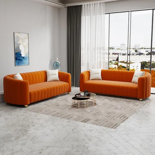Vista 15 de Moderno juego de sofá de terciopelo negro de 3 piezas para sala de estar, juego de sofá curvado acolchado con patas de esfera de metal dorado