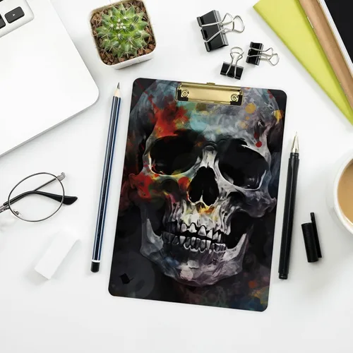Vista 8 de Vnurnrn Portapapeles de plástico de calaveras coloridas con gancho tamaño A4 12,5 x 9 pulgadas clip de oro para la oficina de dibujo