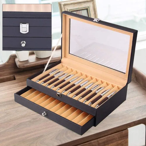 Vista 7 de Caja de exhibición de 24 plumas estilográficas, caja organizadora de bolígrafos de franela de cuero, caja de almacenamiento de cristal con tapa, 12
