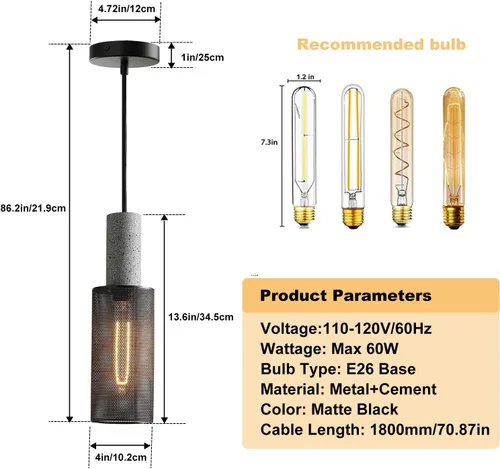 Vista 7 de Paquete de 1 lámpara colgante moderna con hormigón y pantalla de metal negro de 4 pulgadas, lámpara colgante industrial, iluminación de techo, isla