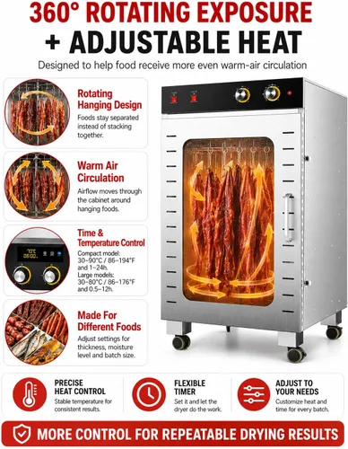 Vista 3 de Stainless Steel Food Dehydrator for Meat, 1600W Commercial Jerky Dehydrator with 22/66 lb Capacity, Rotating Hanging Hooks, Adjustable Temperature