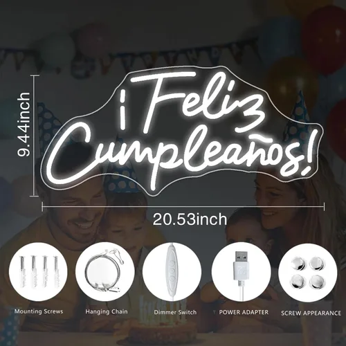 Vista 2 de Cartel de neón LED de Feliz Cumpleaños, más grande para decoración de pared con modulador de luz de cadena USB, reutilizable, letrero LED