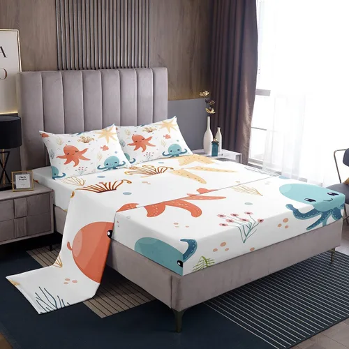 Vista 33 de Erosebridal Juego de sábanas de ballena náutica, tamaño individual, juego de ropa de cama vintage azul con ondas oceánicas para niños y niñas