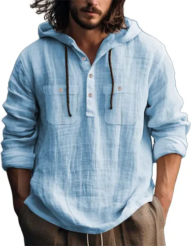 Vista 7 de Camisas de lino para hombre, ligeras, con botones, de manga larga, con capucha, ajuste regular, de algodón, para la playa