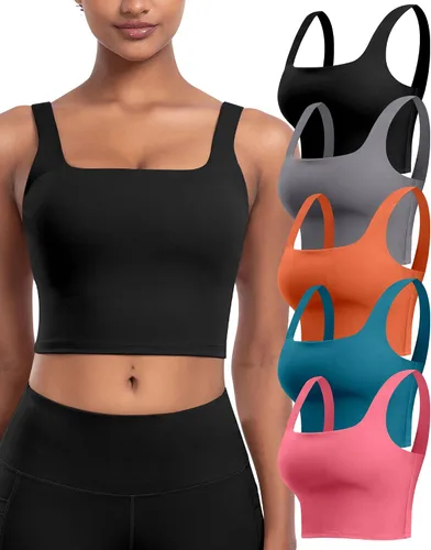 Vista 21 de Sujetadores deportivos para mujer, paquete de 5 unidades, cuello cuadrado, camiseta corta sin mangas acolchada para yoga con almohadillas integradas