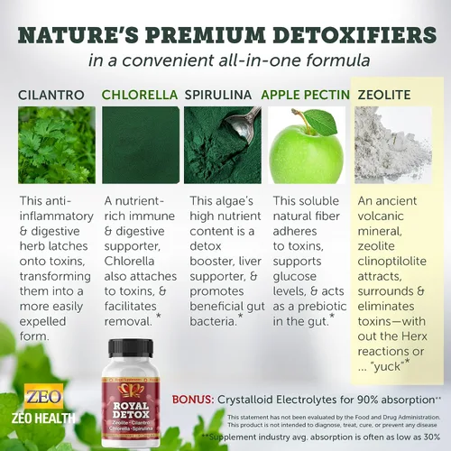 Vista 3 de Royal Detox - Limpieza todo en uno Zeolita, cilantro, clorella, espirulina, pectina de manzana, desintoxicación de cuerpo completo, hígado, colon