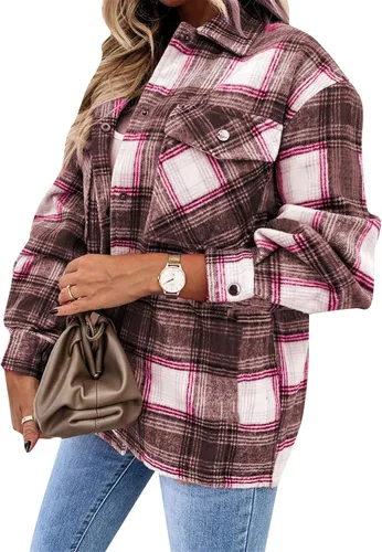 Vista 7 de Camisa de franela a cuadros para mujer, con botones, bolsillo a cuadros, casual, de manga larga Marrón
