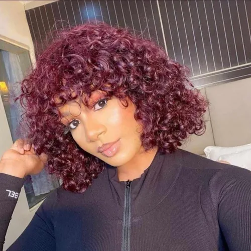 Vista 9 de Peluca de cabello humano corto rizado degradado con flequillo, peluca rizada sin pegamento Wear and Go None Lace Wigs for Black Women Human Hair