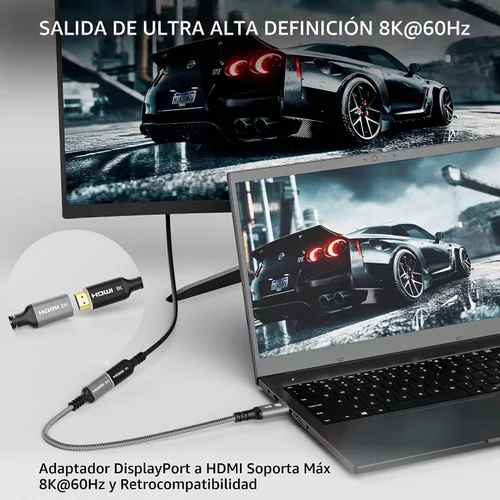 Vista 4 de Adaptador DisplayPort a HDMI de 8K, unidireccional DP 1.4 macho (fuente) a HDMI 2.1 hembra (pantalla), conector DP macho a HDMI 8K a 60Hz, 4K a