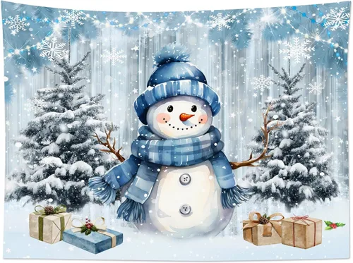 Vista 5 de HVEST Tapiz navideño de invierno para colgar en la pared, muñeco de nieve divertido con sombrero azul y tapices de regalo de Navidad, tapiz de pino