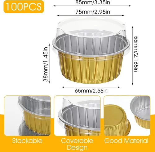 Vista 2 de 100 moldes redondos desechables de papel de aluminio de 5 onzas con tapas a juego Portable Disposable Foil Baking Cups, Ideal Food Containers for