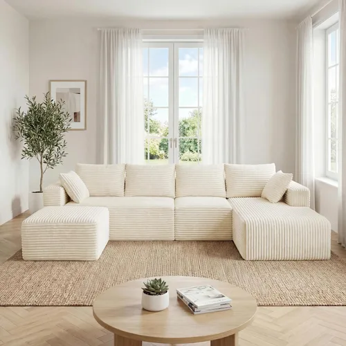 Vista 35 de Sofá otomano modular de pana de 28 pulgadas sin hueso, sofá otomano seccional para sala de estar, color beige