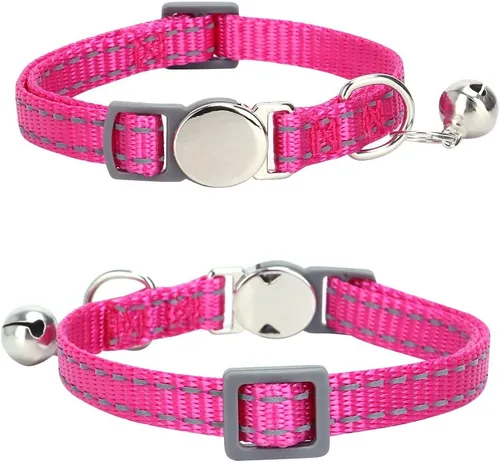 Vista 2 de Collar de gato reflectante personalizado con campana y hebilla separable, nombre grabado y número de teléfono