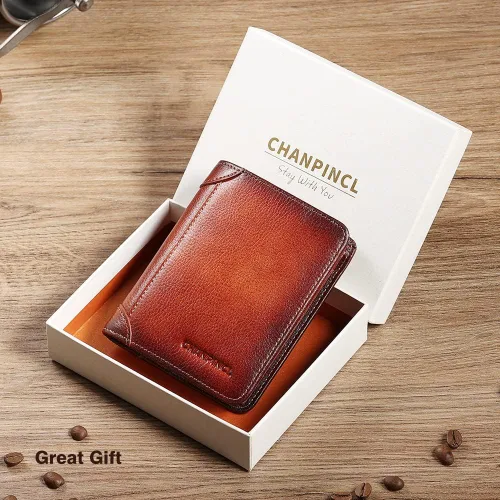 Vista 16 de Billetera de piel triple con bloqueo RFID para hombre con 2 ventanas de identificación, 2 compartimentos para efectivo, 6-8 ranuras para tarjetas