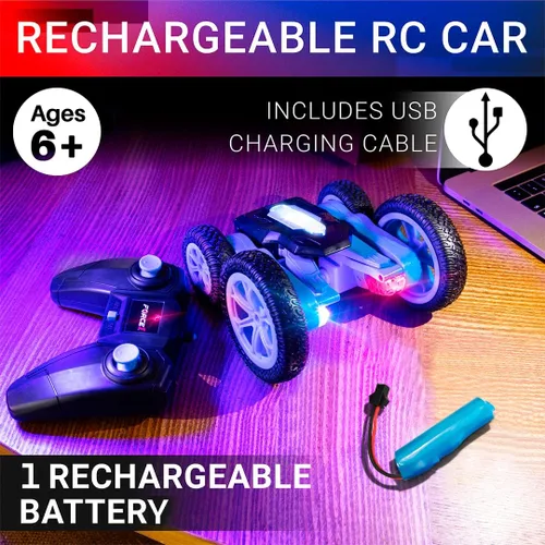Vista 6 de Force1 Tornado Blue - Auto de control remoto con LED para niños - Conducción de doble cara, autos RC rápidos con giros de 360°, auto RC todoterreno