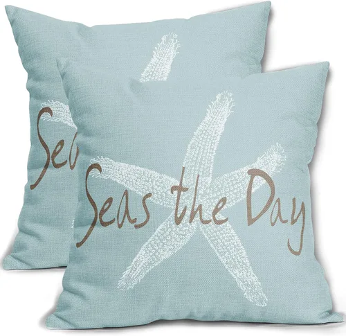Vista 10 de Sweetshow Juego de 2 fundas de almohada cuadradas de lino con estrellas de mar negras de 16 x 16 pulgadas, decoración náutica costera de playa