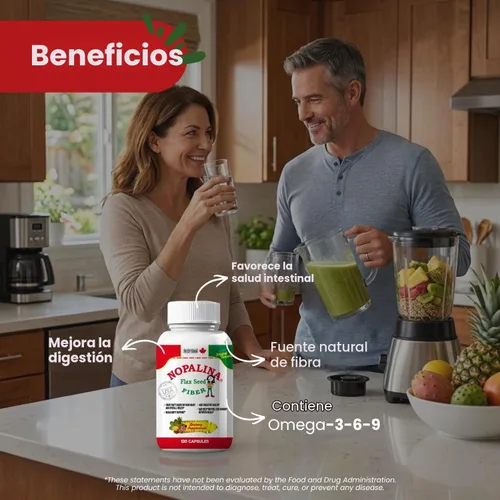 Vista 3 de Nopalina Fórmula de fibra 120 cápsulas Semilla de lino, psyllium, avena y salvado de trigo, Omega 3, 6 y 9 Salud intestinal y regularidad